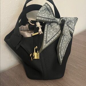 Black Leather Bucket Bag with Gray Bandana Accent